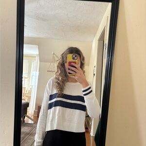 Garage White Sweater with Navy Stripes